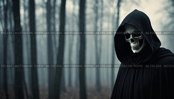 A cloaked figure with a skull mask stands silently among dark, misty trees, creating an unsettling atmosphere as twilight descends on the forest Generative AI. Стоковое AI-изображение, AI-художник Юлия Петровская / Фотобанк Лори