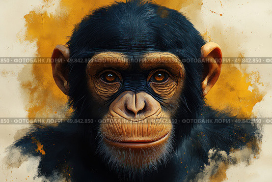 A close-up digital illustration of a chimpanzee head. The monkey is depicted in a realistic manner with detailed skin and fur texture, the expression on the face is calm and thoughtful. The background is made in abstract ochre and ink tones, which gives the picture an artistic and emotional accent. The image is suitable for educational, scientific, artistic and decorative projects, as well as topics related to nature, wildlife and zoopsychology. Стоковое AI-изображение, AI-художник Анна Кривицкая / Фотобанк Лори
