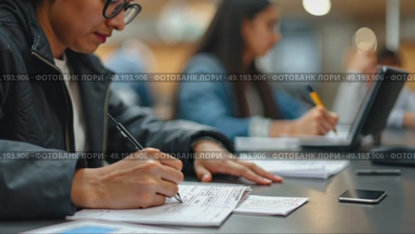 A close-up of a customer's face as they nervously fill out a deposit slip at a counter. The background shows blurred moving figures of bank visitors and employees. Стоковое AI-видео, аниматор Sergey Grishin / Фотобанк Лори