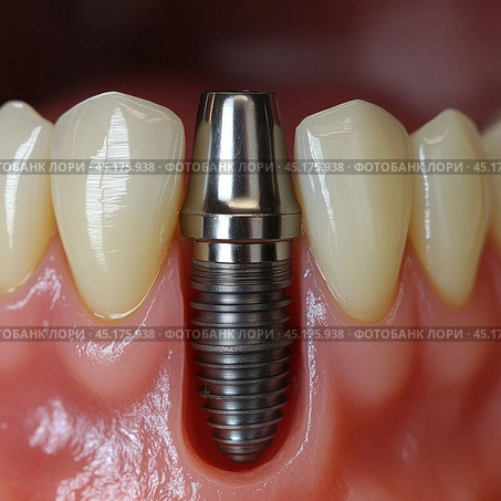 A close-up of a dental implant placed in the gum, without a crown. The implant is made of metal and is precisely placed between natural teeth. Healthy pink gums and adjacent teeth highlight the high quality of the dental work. The photograph is done in a detailed, realistic style, suitable for use in medical, dental and educational contexts where it is necessary to demonstrate the implant process. Стоковое AI-изображение, AI-художник Анна Кривицкая / Фотобанк Лори