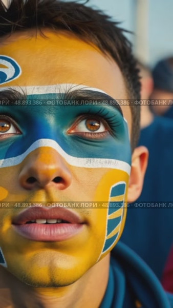 A close-up of a fan's face painted with intricate colors team designs, their eyes wide with anticipation as they watch the match on a giant sport stadium. Стоковое AI-видео, аниматор Sergey Grishin / Фотобанк Лори