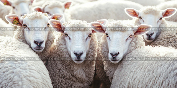 A close-up of a group of white sheep in a flock, looking straight at the camera. The curious expressions create a sense of calm and rural simplicity, perfect for farming and herding themes. Banner. Стоковое AI-изображение, AI-художник Евгений Демидюк / Фотобанк Лори