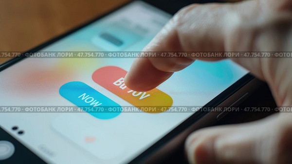 A close-up of a hand pressing a vibrant button on a mobile device, suggesting an imminent action related to booking or reservation. Стоковое AI-изображение, AI-художник Данила Большаков / Фотобанк Лори