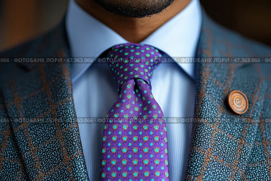A close-up of a man's suit, emphasizing the details of a business style. In the center is a bright purple tie with a pattern of turquoise-green and orange circles. The tie is tied in a neat knot. The shirt is light blue with a thin stripe, and the jacket is made of fabric with a pronounced texture - a dark background with small blue specks and a brown check. A round embossed badge is attached to the lapel of the jacket. The entire composition conveys a sense of sophisticated style, individuality and an attentive approach to detail. Стоковое AI-изображение, AI-художник Анна Кривицкая / Фотобанк Лори