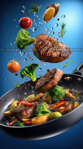 A close up of a pan of food with meat and vegetables in it. Стоковое AI-изображение, AI-художник Ярославский Максим / Фотобанк Лори