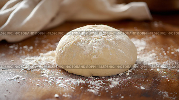 A close-up of a round, smooth ball of fresh focaccia dough on a floured surface. круглый гладкий шар из пресного теста для фокаччи на посыпанной мукой поверхности. Стоковое AI-изображение, AI-художник Katsiaryna Repich / Фотобанк Лори