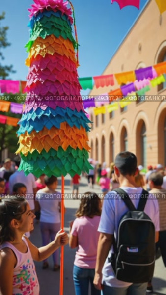 A close-up of a vibrant pinata hanging under a festive arch, decorated with colorful papel picado, as children gather around. Cinco de Mayo. Independence Day. Fiesta and festival vibes. Стоковое AI-видео, аниматор Sergey Grishin / Фотобанк Лори