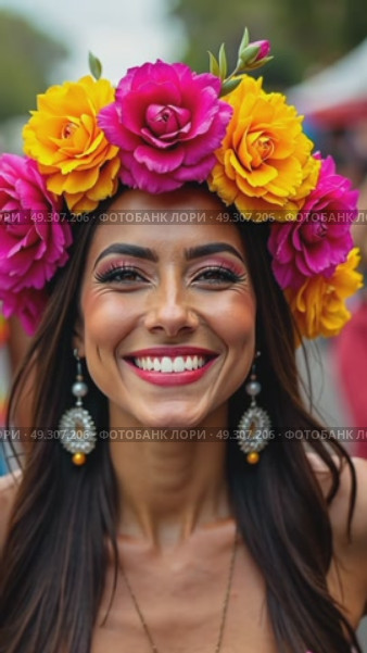 A close-up of a woman face adorned with a traditional Mexican floral crown, her expression filled with pride as she dances during Cinco de Mayo, Independence Day, Fiesta and festival. Стоковое AI-видео, аниматор Sergey Grishin / Фотобанк Лори