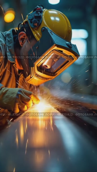 A close-up of a worker's face behind a protective mask, welding a pipeline in an oil refinery, with sparks and intense light. Стоковое AI-видео, аниматор Sergey Grishin / Фотобанк Лори