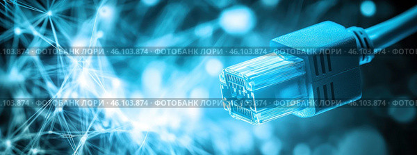 A close-up of an RJ-45 network cable, symbolizing an internet connection. The cable is in blue tones, creating a sense of technology and the digital world. The background is blurred, with abstract lines and glowing patterns resembling a network of connections, which is associated with data transfer, internet communications and digital infrastructure. This visual style is often used in concepts related to the internet, cyberspace and high technology. Стоковое AI-изображение, AI-художник Анна Кривицкая / Фотобанк Лори
