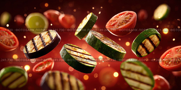 A close up of grilled vegetables and tomatoes in the air. Стоковое AI-изображение, AI-художник Ярославский Максим / Фотобанк Лори