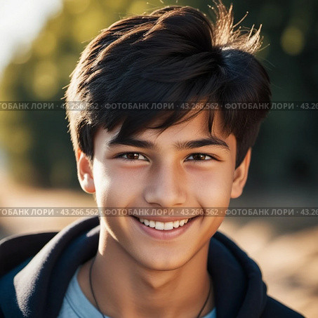 A close-up portrait of a teenage boy with dark tousled hair and brown eyes smiling at the camera. He is wearing a black jacket and a blue shirt. He is outdoors in a natural setting. Generated AI. Стоковое AI-изображение, AI-художник Юлия Петровская / Фотобанк Лори