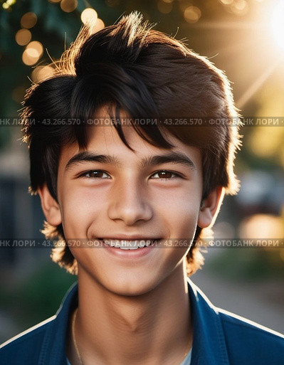 A close-up portrait of a teenage boy with dark tousled hair and brown eyes smiling at the camera. He is wearing a black jacket and a blue shirt. He is outdoors in a natural setting. Generated AI. Стоковое AI-изображение, AI-художник Юлия Петровская / Фотобанк Лори