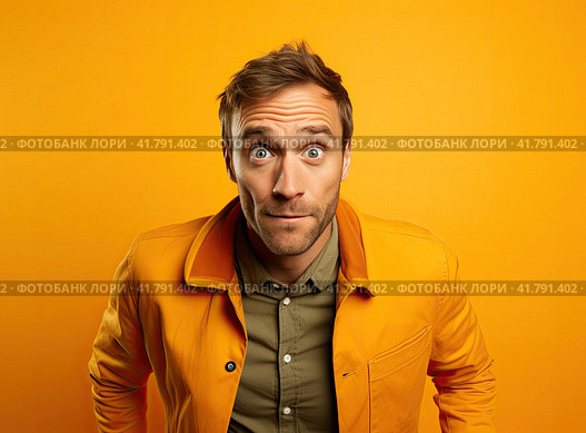 A close-up portrait of a young man in bright clothes with big eyes and an open mouth expressing an emotion of shock or surprise. Стоковое AI-изображение, AI-художник Ярославский Максим / Фотобанк Лори