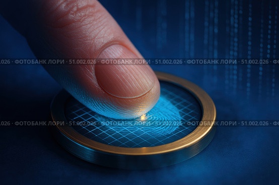 A Close-Up View of a Finger Placing on a High-Tech Biometric Fingerprint Scanner with Digital Interface and Secure Access Technology. Стоковое AI-изображение, AI-художник Башкирова Анна / Фотобанк Лори
