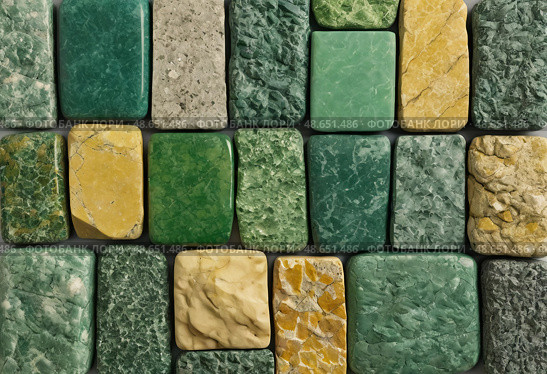 A collection of unakite and other metamorphic stones featuring diverse textures and vibrant hues adorns a simple surface. Each stone reveals natures artistry and geological history Generative AI. Стоковое AI-изображение, AI-художник Юлия Петровская / Фотобанк Лори