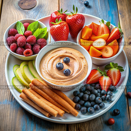 A Colorful and Delicious Dip Platter With Yogurt, Berries, and Fruit. Generative AI. Стоковое AI-изображение, AI-художник Roman Zavorotny / Фотобанк Лори
