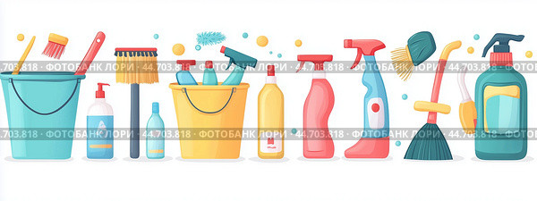 A colorful array of cleaning supplies organized neatly on a white background showcasing various tools and products for household cleaning tasks. Стоковое AI-изображение, AI-художник Сергей Толмачёв / Фотобанк Лори
