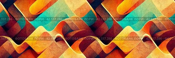 A colorful, energetic abstract panoramic background of vibrant shades and tones in an intricate pattern with angular curves and geometric figures. For a retro-style header or banner. Generative AI. Стоковое AI-изображение, AI-художник Андрей Степанов / Фотобанк Лори