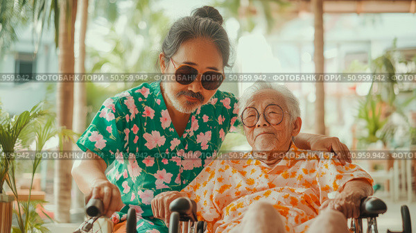 A compassionate adult child supports an elderly parent in a wheelchair, sharing a tender intergenerational moment in a bright tropical setting, embodying care and family connection. Стоковое AI-изображение, AI-художник Данила Большаков / Фотобанк Лори