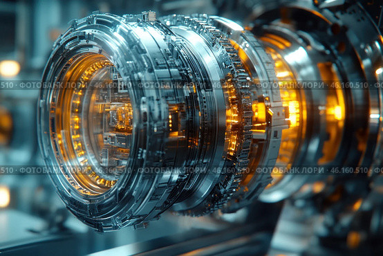 A complex, futuristic structure resembling a high-tech mechanical device or part of a quantum supercomputer. A close-up shows metal rings with intricate patterns, microcircuits, and cybernetic details. Bright golden lights glow within the structure, creating a sense of energy and power, perhaps hinting at an annihilator or high-tech generator. The atmosphere of the scene conveys a sense of science fiction, space technology, or advanced research in energy and computing. Стоковое AI-изображение, AI-художник Анна Кривицкая / Фотобанк Лори
