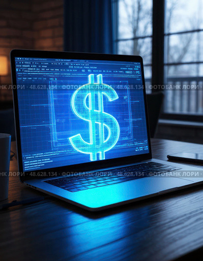 A computer screen shows a dollar sign in blue. Стоковое AI-изображение, AI-художник Ярославский Максим / Фотобанк Лори