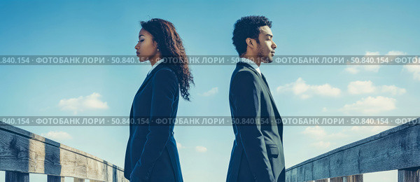 A Conceptual Division: Two Professionals Back-to-Back on a Wooden Bridge, Reflecting Separation and Individual Contemplation. Стоковое AI-изображение, AI-художник Данила Большаков / Фотобанк Лори