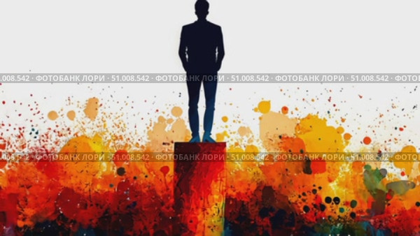 A confident figure stands atop a pedestal amidst a burst of vivid colors, representing creativity and inspiration in an artistic expression. Стоковое AI-видео, аниматор Данила Большаков / Фотобанк Лори