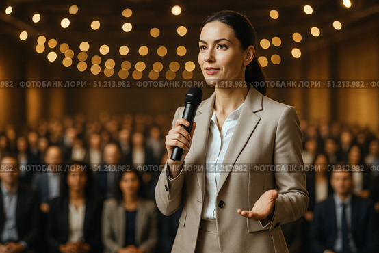 A Confident Speaker Engages an Enthusiastic Audience in a Well-Lit Conference Hall, Demonstrating Leadership and Communication Skills. Стоковое AI-изображение, AI-художник Башкирова Анна / Фотобанк Лори