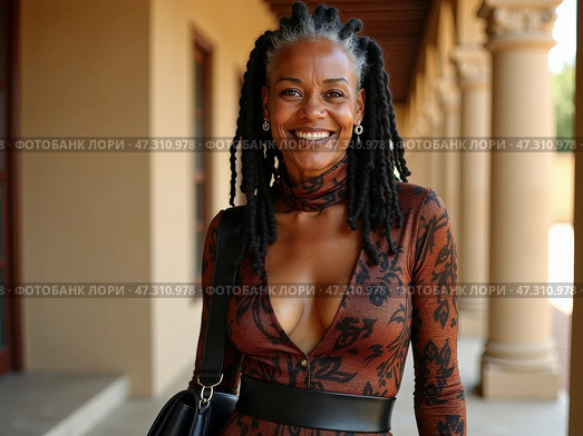 A Confident Woman With Long, Dreadlocked Hair Smiles Warmly While Wearing an Elegant Dress in an Outdoor, Sunlit Walkway. Стоковое AI-изображение, AI-художник Sergey Grishin / Фотобанк Лори