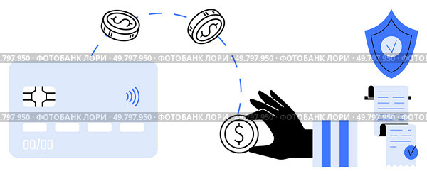 A contactless card, coins, a hand holding a coin, shield with checkmark and documents. Ideal for digital payment, security, contactless transactions, online banking, cashless economy. Simple vector. Digital Payment Security with Contactless Card and Transaction Verification Elements. Стоковая иллюстрация, агентство Ingram Publishing / Фотобанк Лори