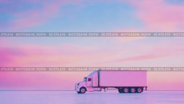 A contemporary commercial haulage unit, gleaming white, poised solitarily on a smooth, shimmering surface under a dreamlike twilight firmament of pastel hues. Стоковое AI-видео, аниматор Данила Большаков / Фотобанк Лори
