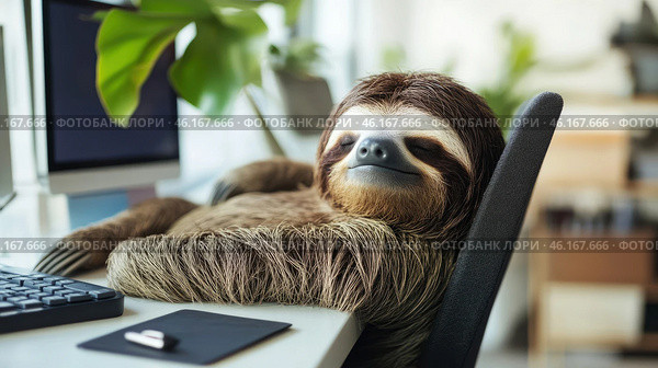 A contented sloth sleeps in an office chair at his workstation in the office in the middle of the workday. Стоковое AI-изображение, AI-художник Александр Довянский / Фотобанк Лори