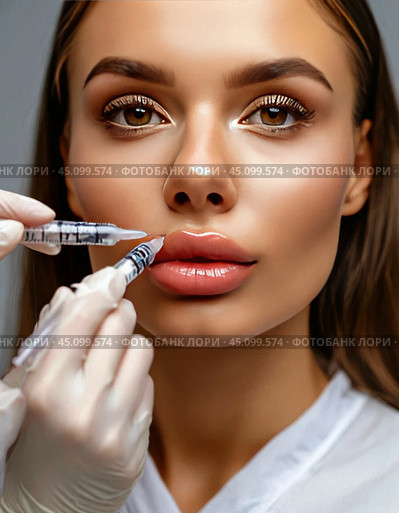A cosmetologist injects fillers into the lips of a beautiful girl. Using hyaluronic acid based fillers. Injection cosmetology. Стоковое AI-изображение, AI-художник Сергей Елизарьев / Фотобанк Лори