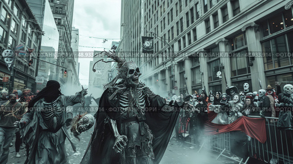 A costumed skeleton figure walks through a city street during a Halloween parade. The figure is surrounded by other costumed individuals and spectators. Стоковое AI-изображение, AI-художник Данила Большаков / Фотобанк Лори