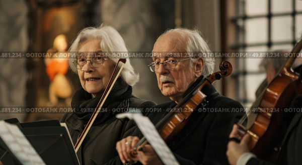 A couple plays violins together, showcasing their musical talent and harmony as they create beautiful melodies. Стоковое AI-изображение, AI-художник Данила Большаков / Фотобанк Лори