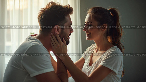 A couple shares a loving gaze as they hold each other close, enveloped in a warm atmosphere created by gentle lighting. The connection is heartfelt and genuine. Стоковое AI-изображение, AI-художник Sergey Grishin / Фотобанк Лори