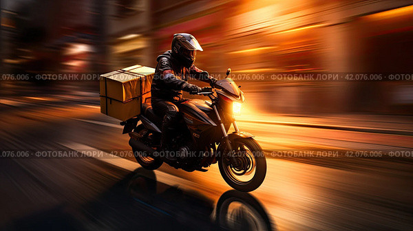 A courier on a moped with a cargo box is rushing to deliver goods to recipients on a city street in the early morning. Long exposure time. Front view on the right. The concept of delivery in a big city. Generated by AI. Стоковое AI-изображение, AI-художник Ярославский Максим / Фотобанк Лори