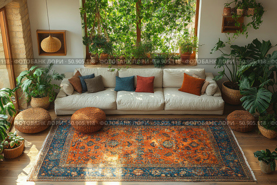 A cozy boho-style living room with a large white sofa, lots of colorful pillows, a bright oriental rug and plenty of live plants. The space is filled with natural light, greenery and elements made of natural materials: wicker poufs, flowerpots, wooden floor. The interior creates an atmosphere of coziness, freshness and natural harmony. Suitable for eco-design, home comfort, Scandi style and green interior themes. Стоковое AI-изображение, AI-художник Анна Кривицкая / Фотобанк Лори
