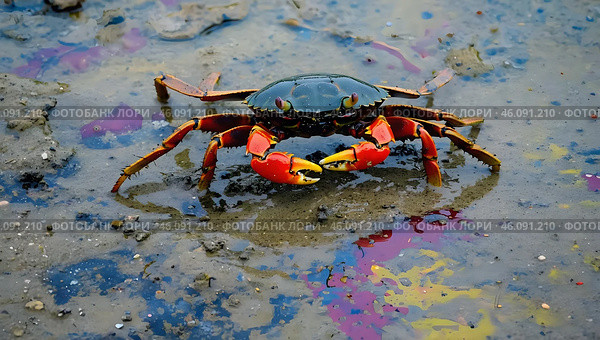 A crab struggling in a tidal pool contaminated with oil, its legs and shell coated in thick black tar, surrounded by polluted water. Стоковое AI-изображение, AI-художник Ирина Старикова / Фотобанк Лори