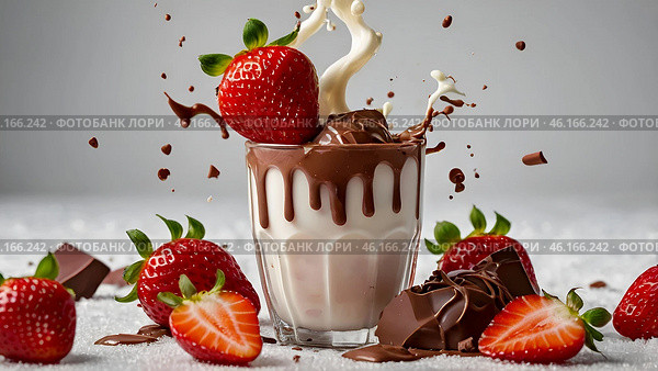 A creative cooking template. A close-up of strawberries with milk and chocolate, a milkshake, a yogurt smoothie with liquid droplets. Стоковое AI-изображение, AI-художник Photojuli / Фотобанк Лори