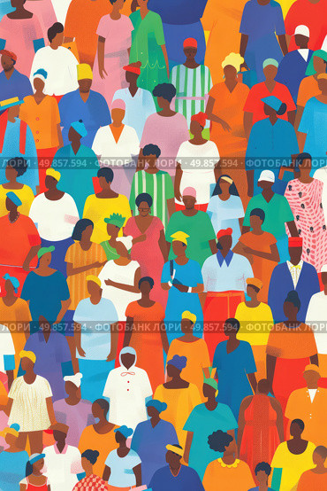 A crowd of diverse individuals standing closely together in a public space, facing various directions. Стоковое AI-изображение, AI-художник Данила Большаков / Фотобанк Лори