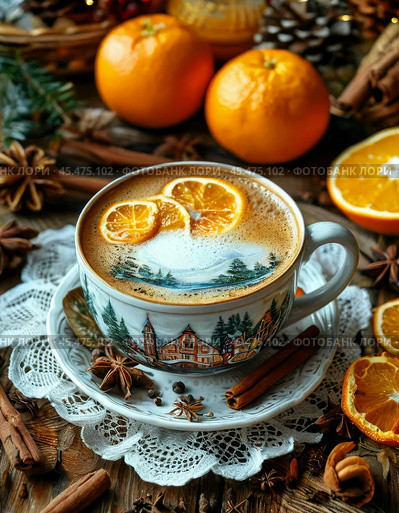 A cup of hot strong coffee with original foam, tangerines. New Year's dessert. Festive atmosphere of the New Year. Стоковое AI-изображение, AI-художник Сергей Елизарьев / Фотобанк Лори