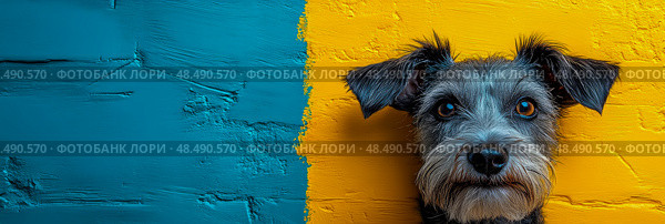 A curious Schnauzer peers from a bright, divided world. Стоковое AI-изображение, AI-художник Данила Большаков / Фотобанк Лори