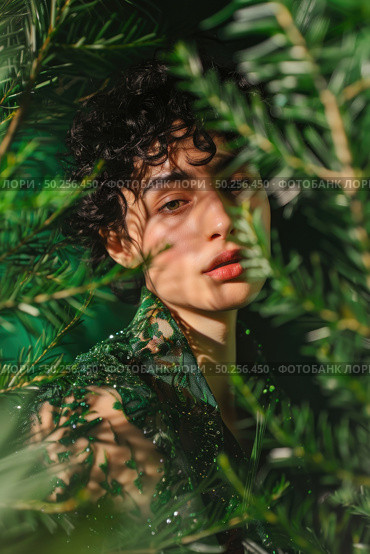 A curious young womans face emerges amongst vibrant green leaves, sunlight creating a dappled effect on her skin. Стоковое AI-изображение, AI-художник Данила Большаков / Фотобанк Лори