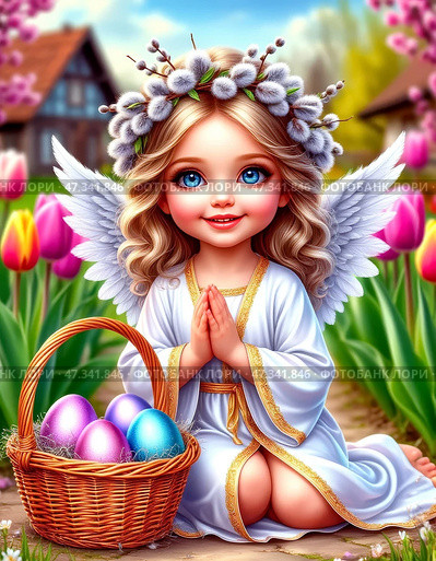 A cute angel in a white robe with a basket of shiny, colorful Easter eggs. Colorful Easter eggs are part of the Easter meal. Easter (Bright Resurrection of Christ) is the oldest and most important Christian holiday. Happy Easter Day! Стоковое AI-изображение, AI-художник Сергей Елизарьев / Фотобанк Лори