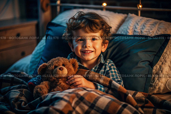A cute boy hugs a teddy bear, sitting in a cozy bed, a small child hugs a toy and gets ready for bed. A healthy night's sleep. Стоковое AI-изображение, AI-художник Photojuli / Фотобанк Лори