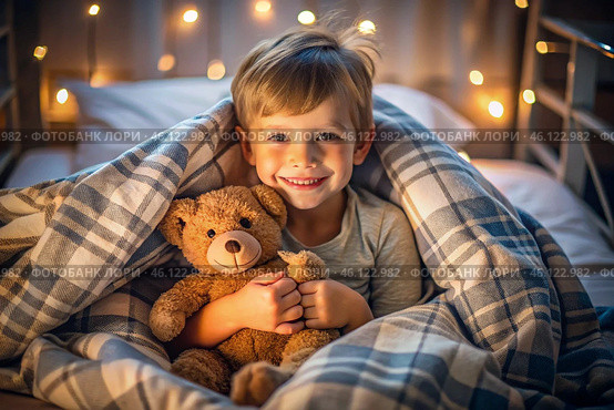 A cute boy hugs a teddy bear, sitting in a cozy bed, a small child hugs a toy and gets ready for bed. A healthy night's sleep. Стоковое AI-изображение, AI-художник Photojuli / Фотобанк Лори