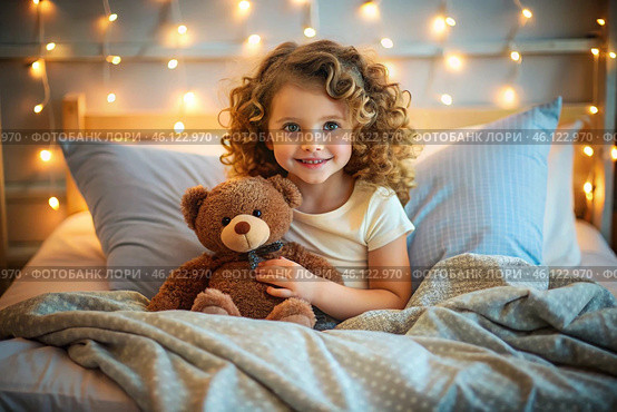 A cute curly-haired girl hugs a teddy bear, sitting in a cozy bed, a small child hugs a toy and gets ready for bed. A healthy night's sleep. Стоковое AI-изображение, AI-художник Photojuli / Фотобанк Лори