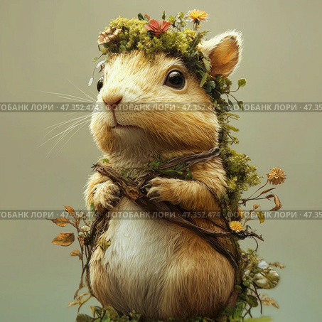 A cute forest rodent, similar to a mouse or a jerboa, decorated in a fairy-tale style. He is decorated with a wreath of moss, flowers and leaves, and his body is partially entwined with thin twigs, as if he is the guardian of the forest. The eyes are large, shiny, with an expression of naivety and slight surprise. Warm soft light and a neutral background emphasize the fluffiness of his fur and create an atmosphere of magic and natural silence. The image resembles a character from a good fairy tale or a fantasy forest. Стоковое AI-изображение, AI-художник Анна Кривицкая / Фотобанк Лори